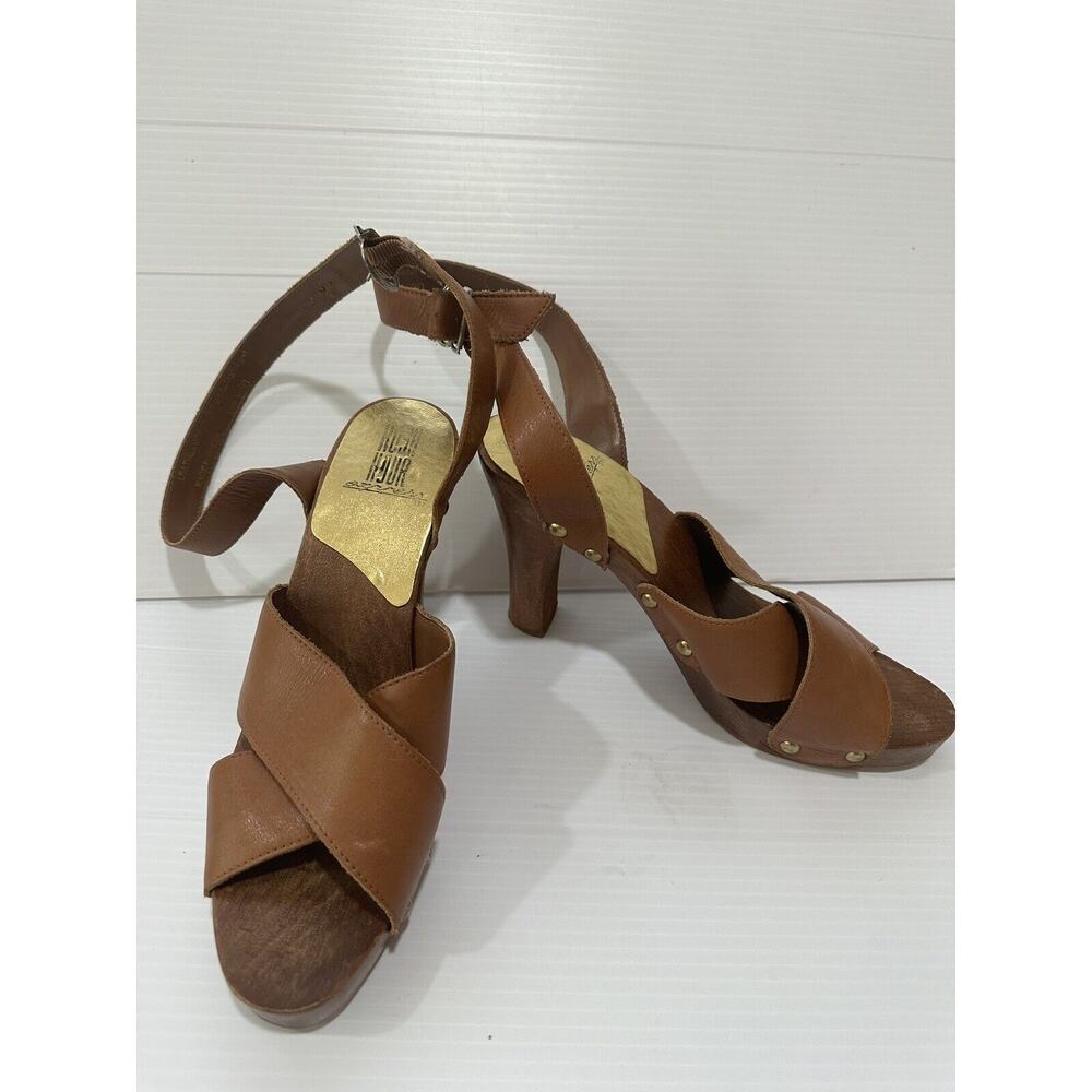 Rush Hour Express Brown Leather Mules GUC Size 9 Wooden Heel